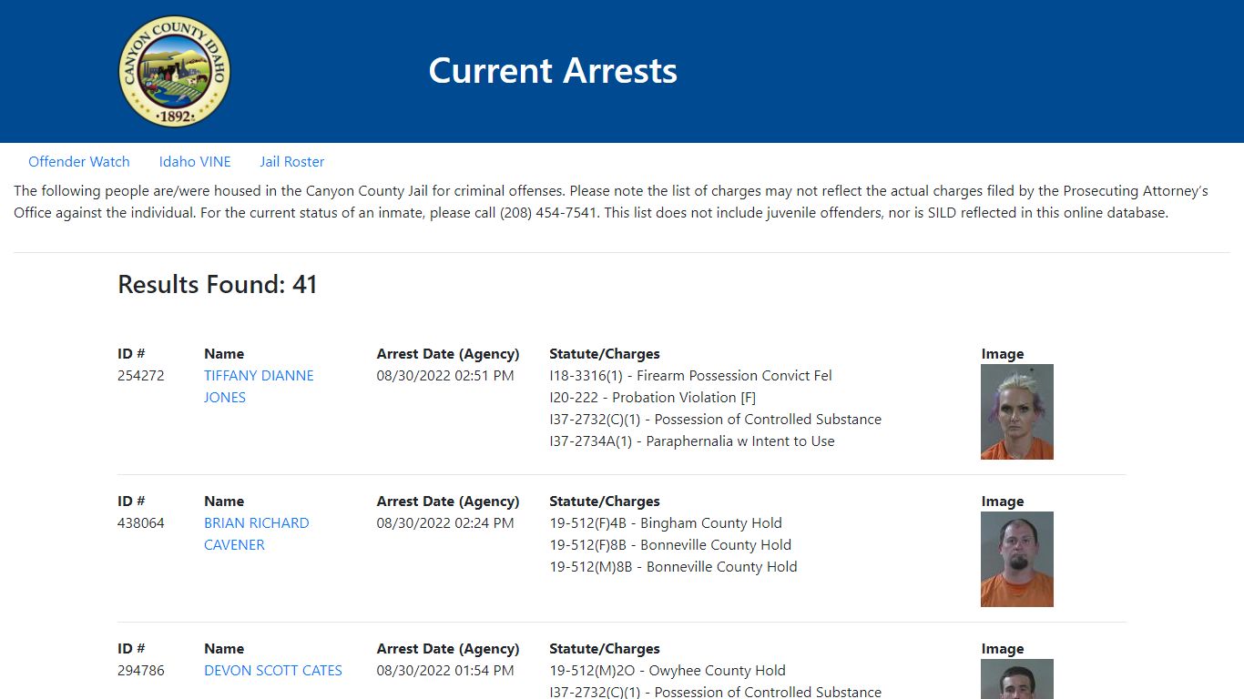 Current Arrests - Canyon County, Idaho